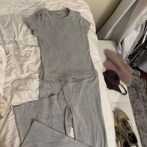 Aritzia Soft Grey Lounge Set - Short Sleeve Top & Drawstring Pants